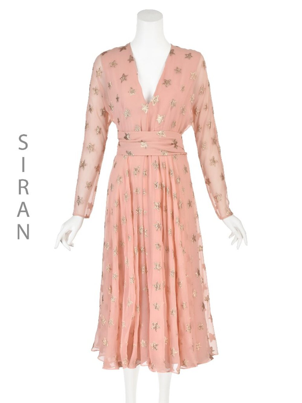 MAISON SIRAN "Audrey" Dress in Peach Colored Silk Chiffon w/Gold Lamè Stars SZ6
